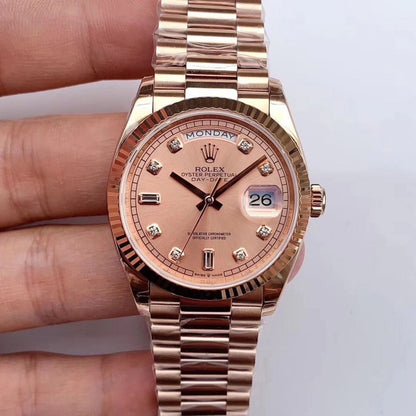 [Super Clone] Regency Weekday 36 mm Weekday Fluted Bezel Rose colour set with diamonds Dial 128235 3443