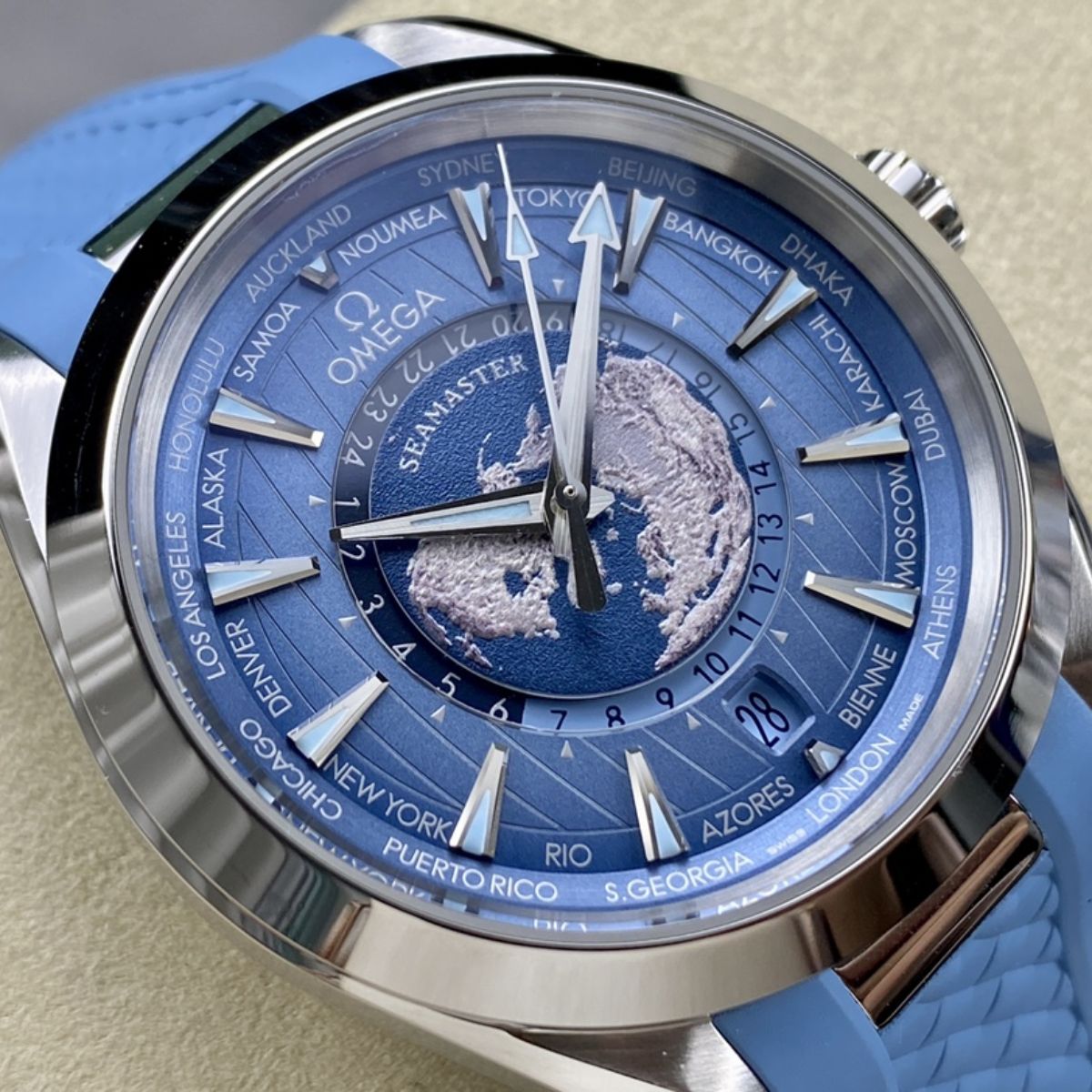 Celestial Aqua Sport Worldtimer 150M 43mm Steel On Rubber Strap Blue Dial 2469