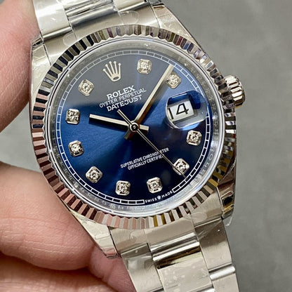 [Super Clone] Regency Classic Date 36 mm Timeless Fluted Bezel Bright blue set with diamonds Dial 126234 1642