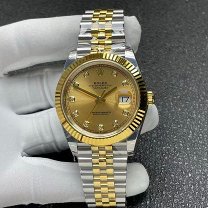[Super Clone] Regency Classic Date 41 mm Five-Link Fluted Bezel Champagne colour set with diamonds Dial 126333 7368