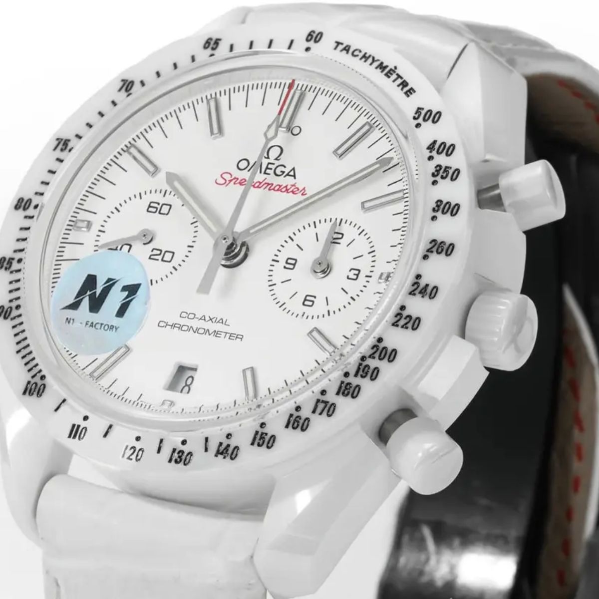 Celestial Chronograph White Side Of The Moon 44mm White Ceramic On Leather Strap White Dial 8444
