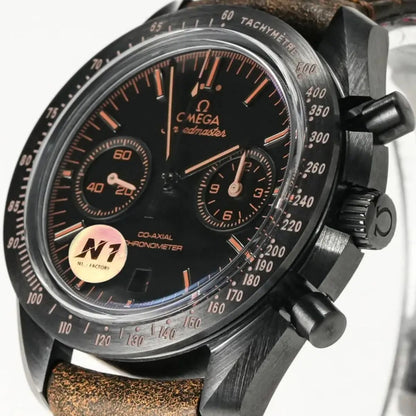 Celestial Chronograph Dark Side Of The Moon Apollo 8 44mm Black Ceramic On Leather Strap Black Dial 2440