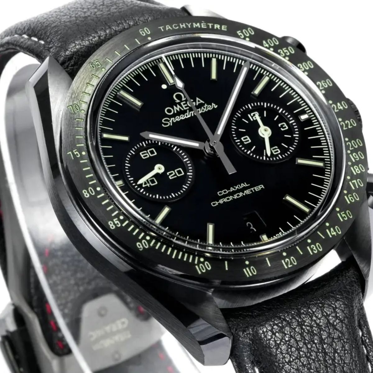 Celestial Chronograph Dark Side Of The Moon 44mm Black Ceramic On Leather Strap Black Dial 5151