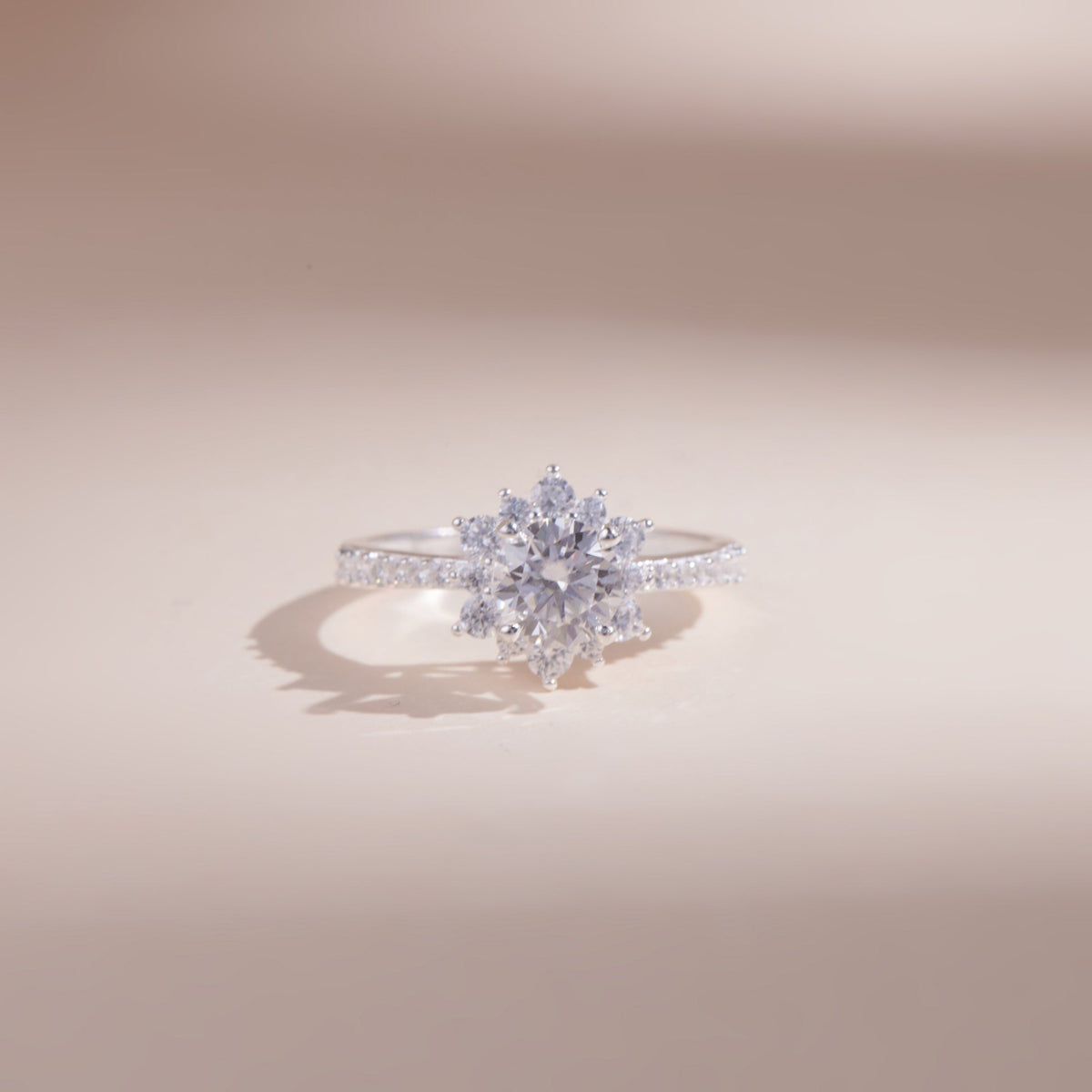 ELVORIA 6mm Moissanite Ten-Petal Flower Ring GRA ELVDA05 – Platinum Plated 925 Sterling Silver