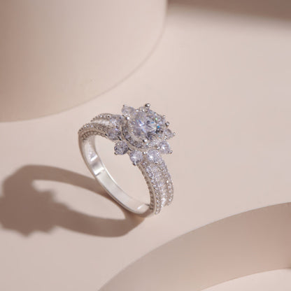ELVORIA 7mm Moissanite Floral Setting Ring GRA ELVDA04 – Platinum Plated 925 Sterling Silver