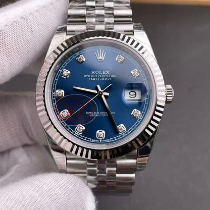 [Super Clone] Regency Classic Date 41 mm Timeless Fluted Bezel Bright blue set with diamonds Dial 126334 6118