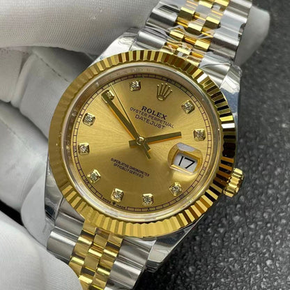 [Super Clone] Regency Classic Date 41 mm Five-Link Fluted Bezel Champagne colour set with diamonds Dial 126333 7368