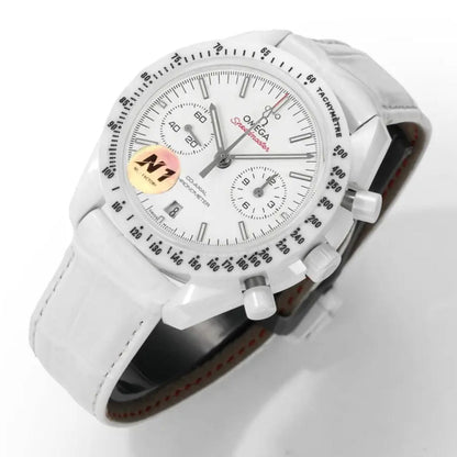 Celestial Chronograph White Side Of The Moon 44mm White Ceramic On Leather Strap White Dial 8444