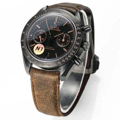 Celestial Chronograph Dark Side Of The Moon Apollo 8 44mm Black Ceramic On Leather Strap Black Dial 2440
