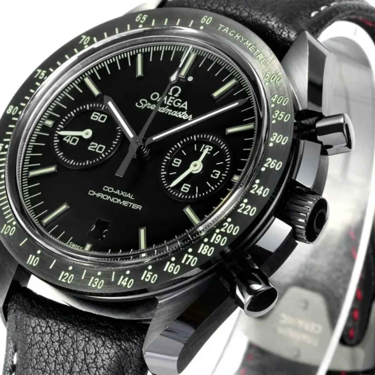 Celestial Chronograph Dark Side Of The Moon 44mm Black Ceramic On Leather Strap Black Dial 5151