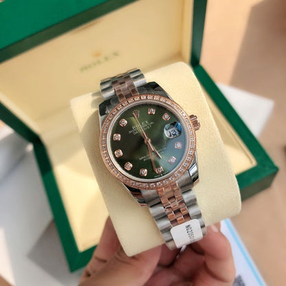 [Super Clone] Regency Ladies Classic Date 28 mm Five-Link Brilliant diamond set Bezel Olive green set with diamonds Dial 279381RBR 2874