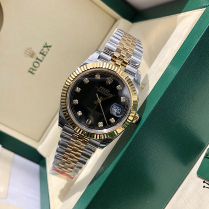 Regency Classic Date 41 mm Five-Link Fluted Bezel Bright black set with diamonds Dial 126333 2130