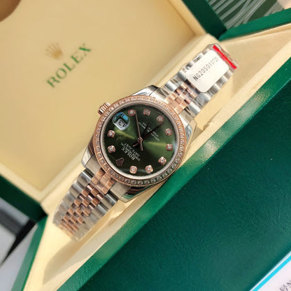 [Super Clone] Regency Ladies Classic Date 28 mm Five-Link Brilliant diamond set Bezel Olive green set with diamonds Dial 279381RBR 2874