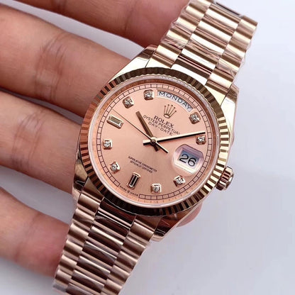 [Super Clone] Regency Weekday 36 mm Weekday Fluted Bezel Rose colour set with diamonds Dial 128235 3443