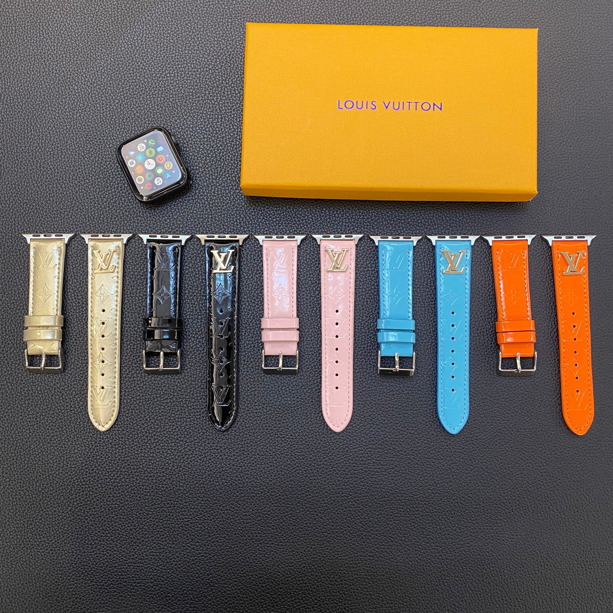 GLOSSY LEATHER APPLE WATCH STRAP LUXURY METAL LOGO