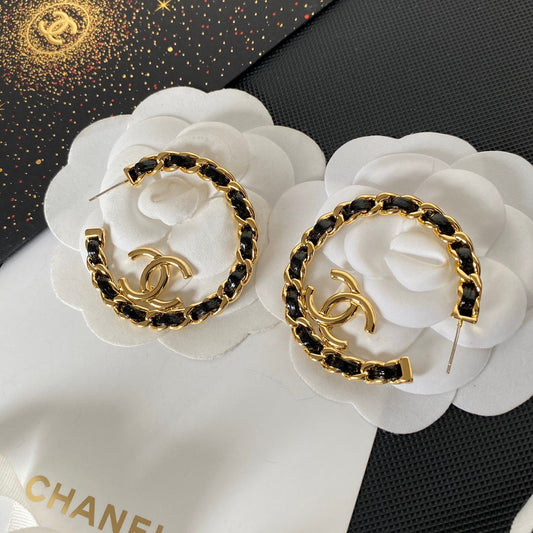 Gold Studs with Black Leather Earrings