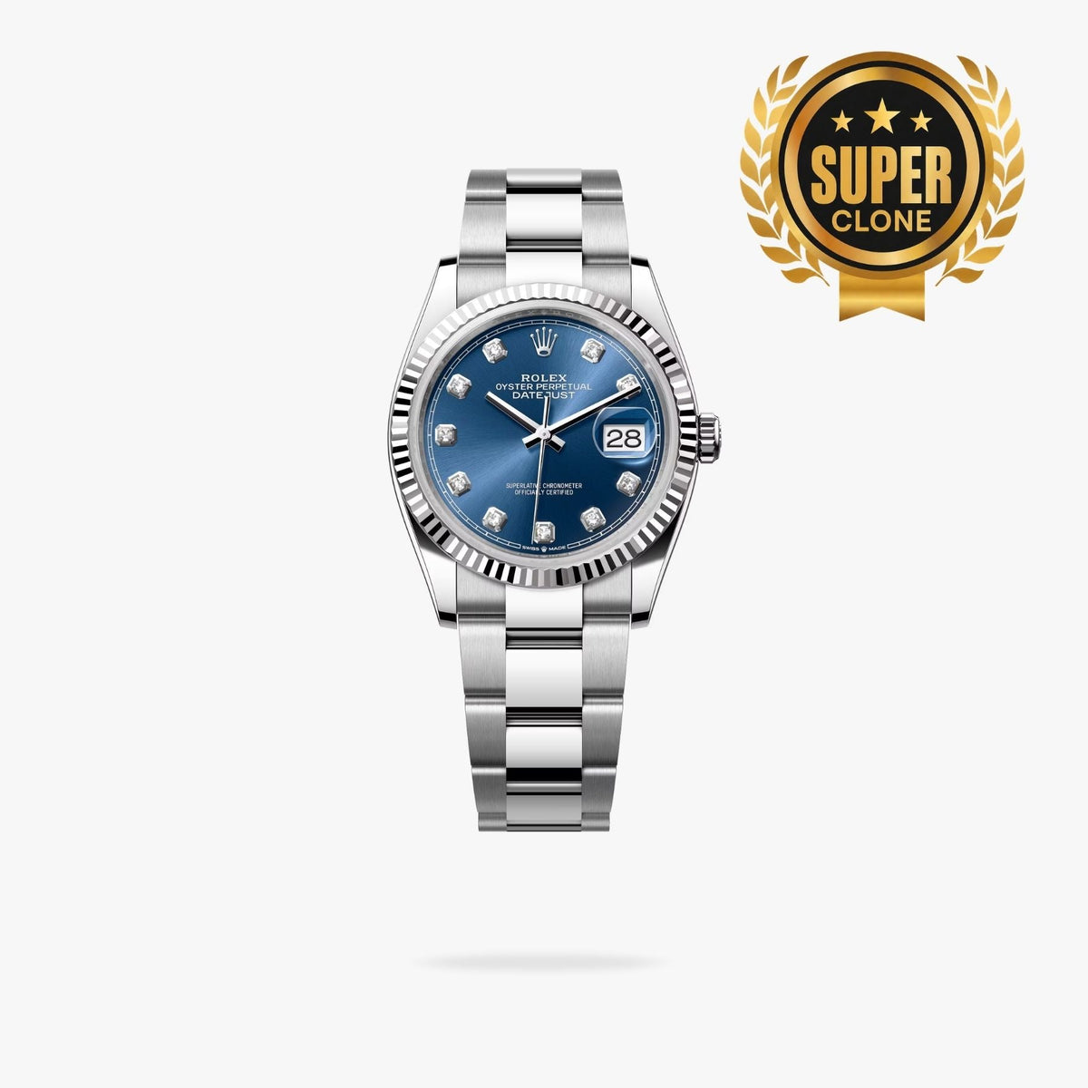 [Super Clone] Regency Classic Date 36 mm Timeless Fluted Bezel Bright blue set with diamonds Dial 126234 1642