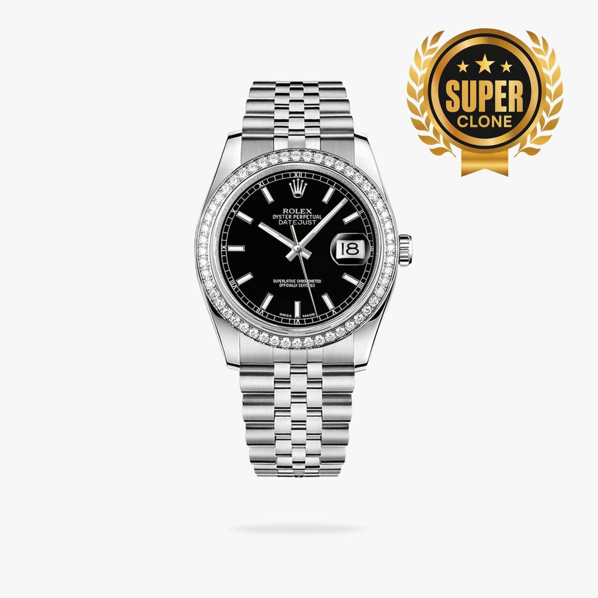 [Super Clone] Regency Classic Date 36 mm Five-Link Brilliant diamond set Bezel Bright black Dial 116244 5303