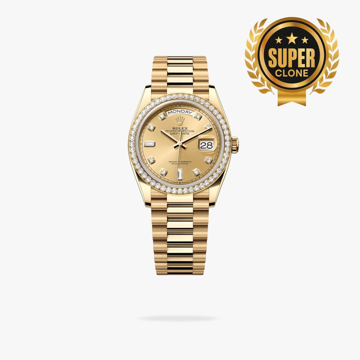 [Super Clone] Regency Weekday 36 mm Weekday Brilliant diamond set Bezel Champagne colour set with diamonds Dial 128348RBR 5029