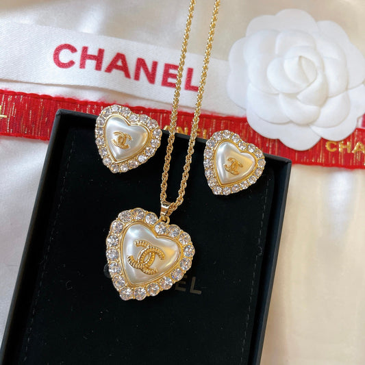 Vintage Diamond Pearl Heart Earrings Necklace