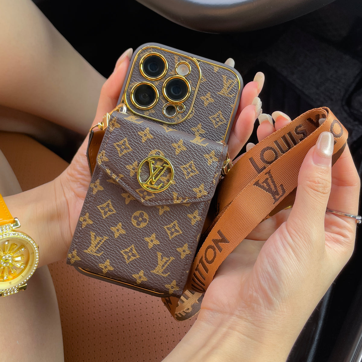 Luxurious Advanced Leather iPhone Case With Card Wallet And Strap