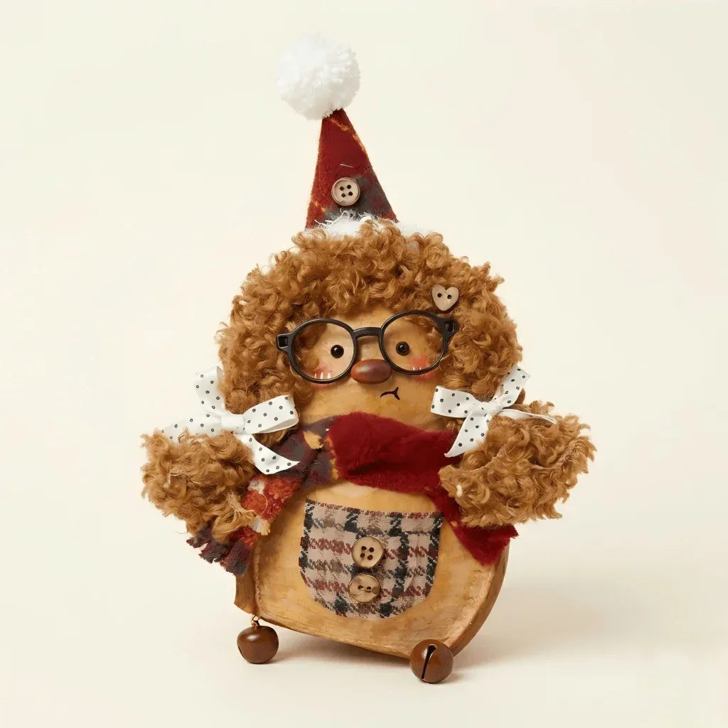 Cute handcrafted plush hedgehog figurine with curly fur, glasses, hat, and plaid pocket
