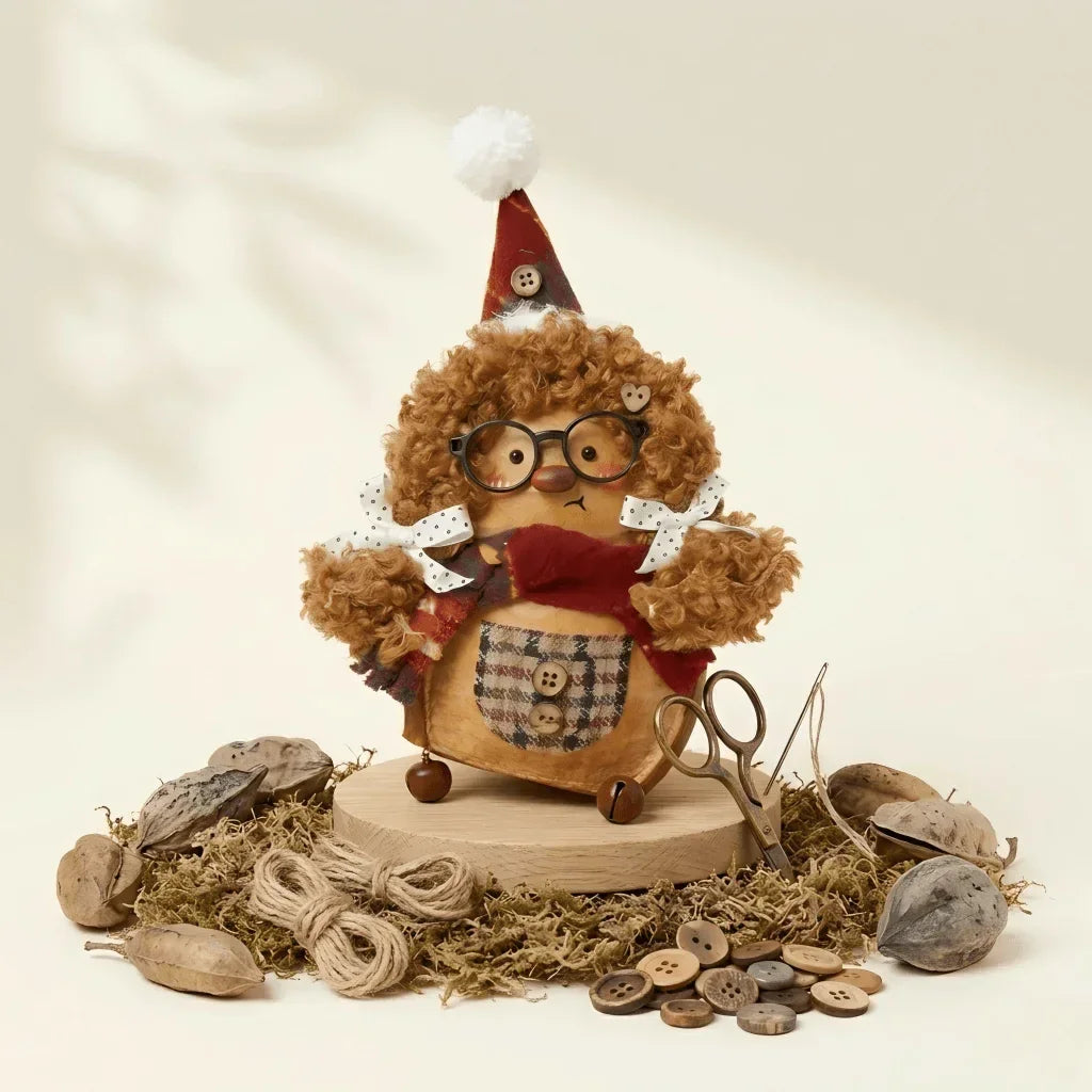 Handmade plush owl with glasses, red hat, scarf, buttons, and rustic craft supplies