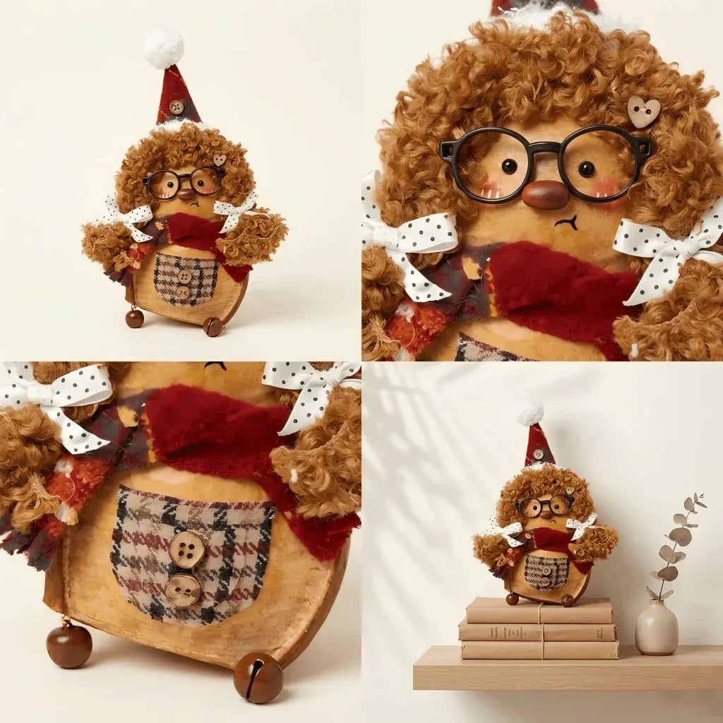 Curly-haired handmade plush figure with glasses, plaid pocket, red scarf, and festive hat on shelf.
