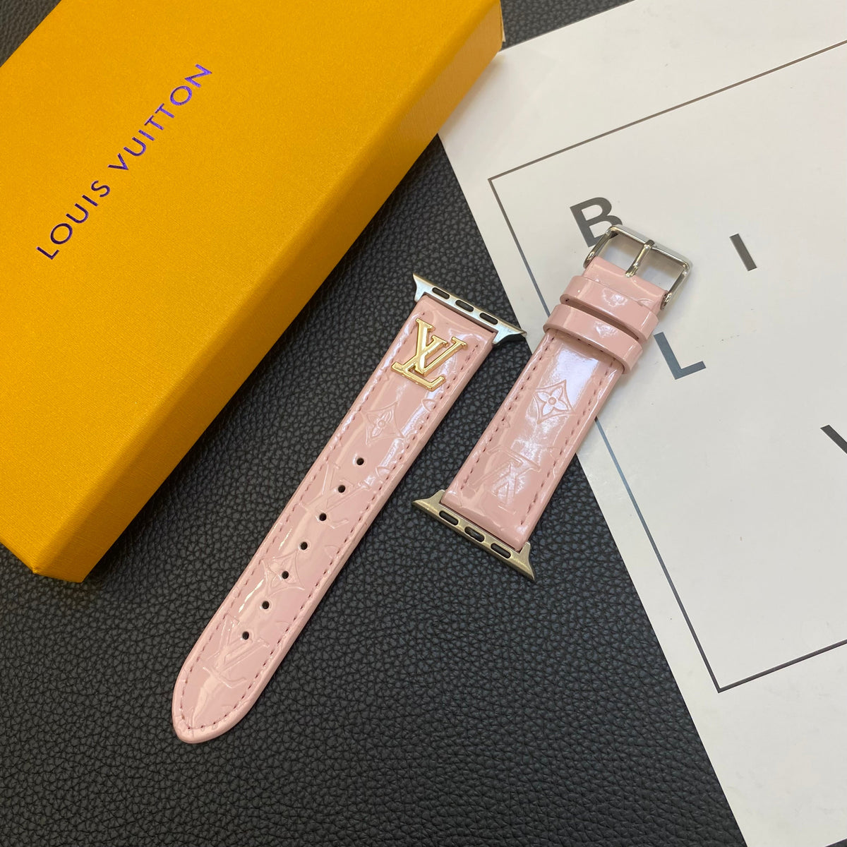 GLOSSY LEATHER APPLE WATCH STRAP LUXURY METAL LOGO